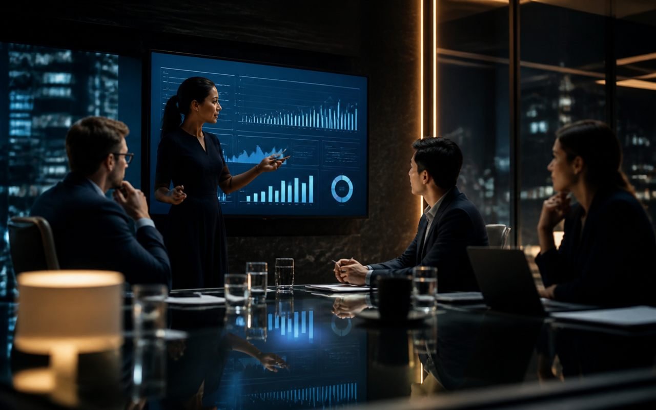 Consulting team collaborating around data dashboards